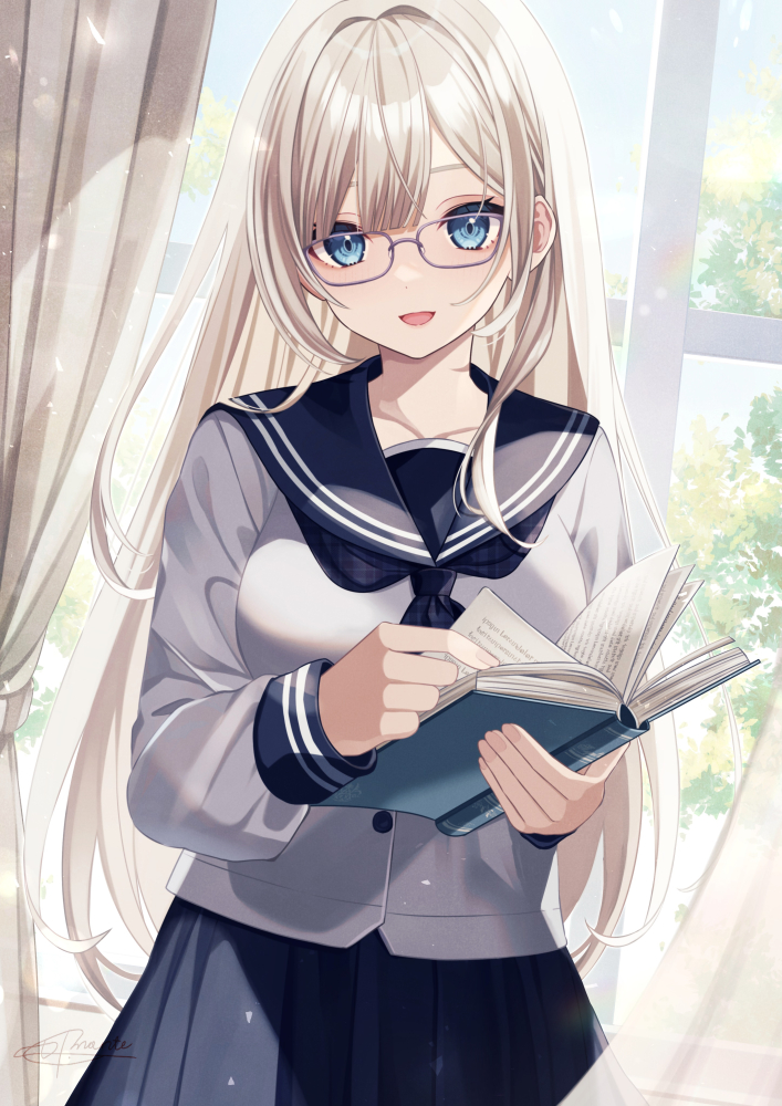 1girl, :d, black_neckerchief, black_sailor_collar, black_skirt, blue_eyes, blunt_bangs, book