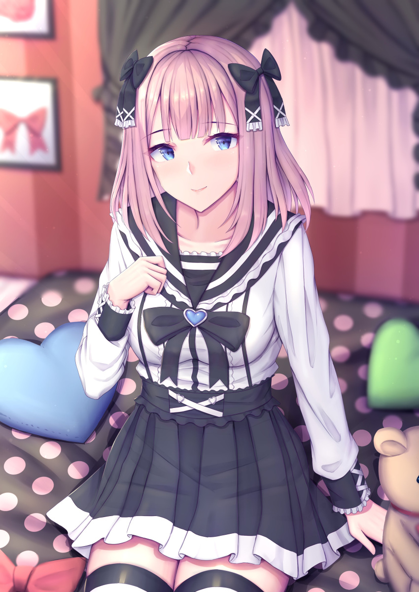 1girl, absurdres, aino_iris, black_bow, black_ribbon, black_sailor_collar, black_skirt, blue_eyes, blush, bow, closed_mouth, collarbone, commentary_request, curtains, hair_bow, hair_ribbon, heart, heart_pillow, highres, indie_virtual_youtuber, indoors, long_hair, long_sleeves, ohguro_mariya, pillow, pink_hair, red_bow, ribbon, sailor_collar, sailor_shirt, shirt, sitting, skirt, smile, solo, striped, striped_thighhighs, stuffed_animal, stuffed_toy, teddy_bear, thigh-highs, virtual_youtuber, white_shirt