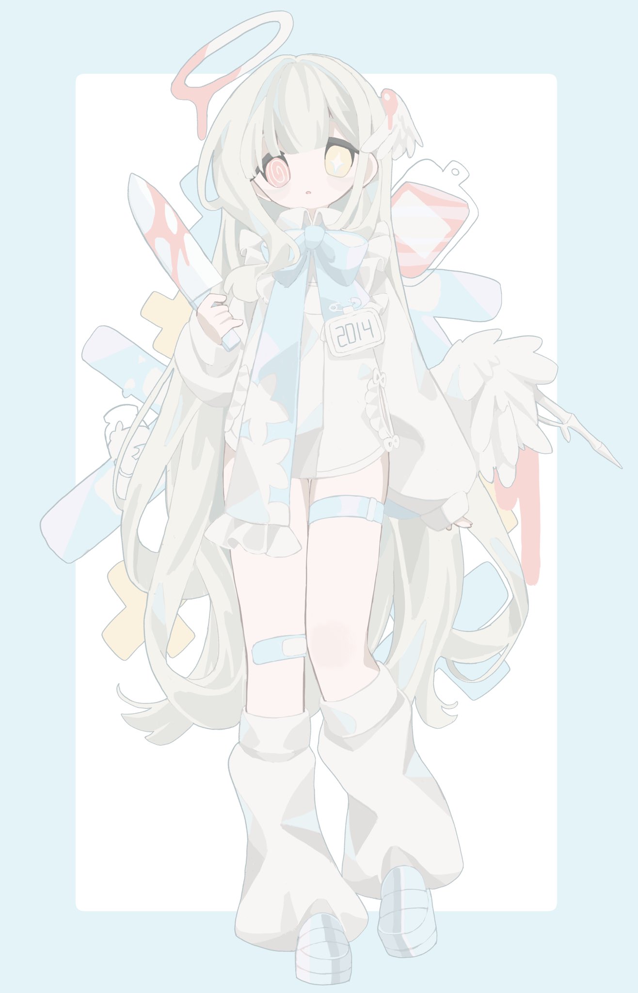 1girl, @_@, angel, bandaid, bandaid_on_leg, blood, blood_on_weapon, blue_footwear