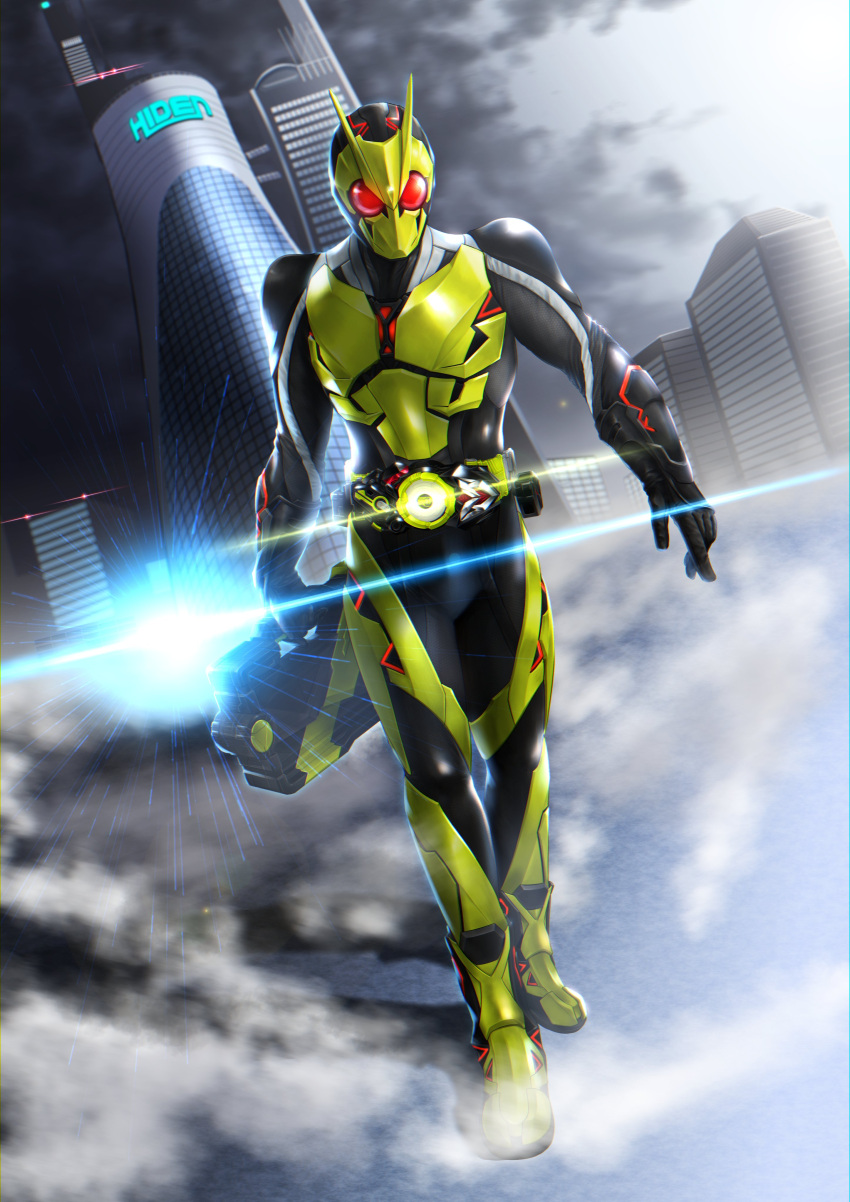 1boy, absurdres, attache_calibur, belt, black_gloves, body_armor, briefcase, city, cityscape, commentary, company_name, driver_(kamen_rider), gloves, highres, kamen_rider, kamen_rider_01_(series), kamen_rider_zero-one, lens_flare, male_focus, rider_belt, ryukawa, shadow, simple_background, sketch, solo, thighs, tokusatsu, white_background, zero_one_driver