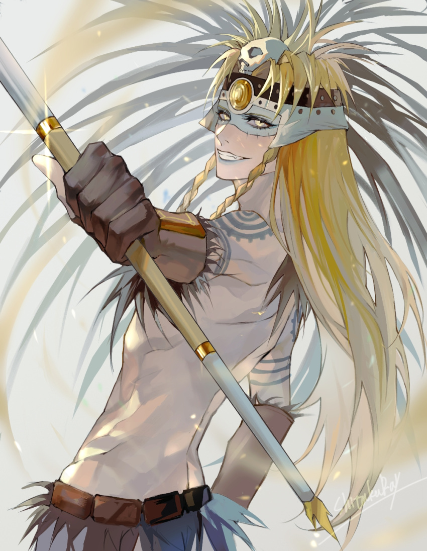 1boy, arm_tattoo, blonde_hair, braid, facepaint, fate/grand_order, fate_(series), from_side