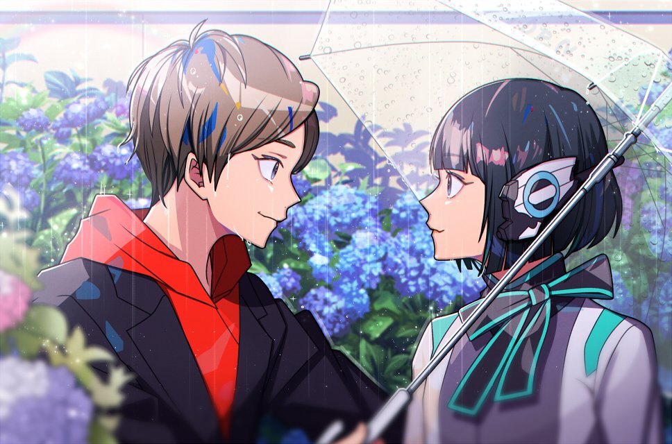 1boy, 1girl, android, black_hair, blue_eyes, bob_cut, bow, bowtie, brown_hair, commentary, flower, from_side, green_eyes, hiden_aruto, hito01, holding, holding_umbrella, hood, hooded_jacket, humagear_headphones, is_(kamen_rider_01), jacket, kamen_rider, kamen_rider_01_(series), long_sleeves, petals, pointy_nose, progrise_key, rain, rider_belt, rose_petals, short_hair, smile, symbol-only_commentary, umbrella, water_drop