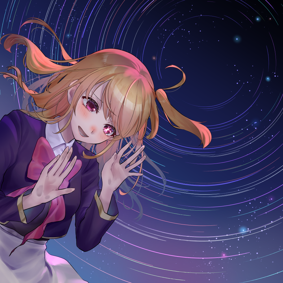 1girl, black_vest, blonde_hair, blue_jacket, blush, bow, collared_shirt, commentary_request