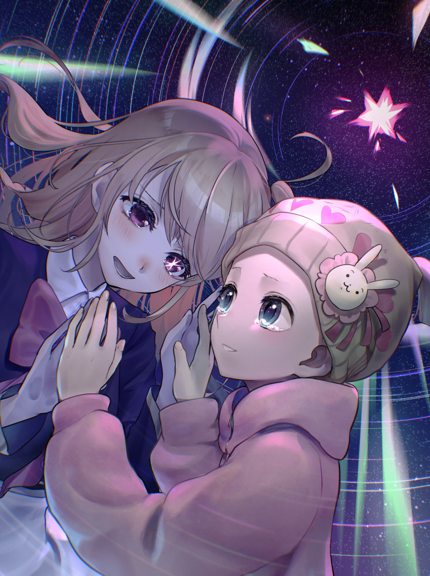 2girls, absurdres, before_and_after, blonde_hair, blue_eyes, blue_jacket, blush, bow