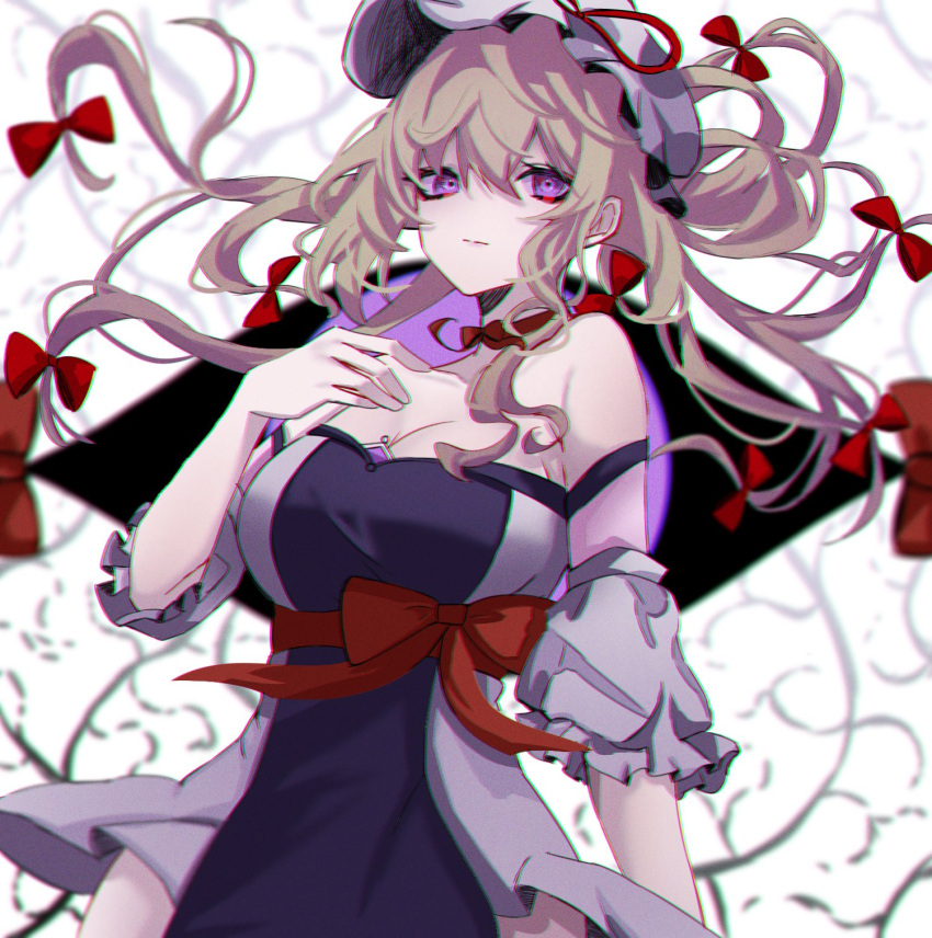 1girl, blonde_hair, bow, detached_sleeves, frilled_hat, frilled_shirt_collar, frilled_sleeves, frills
