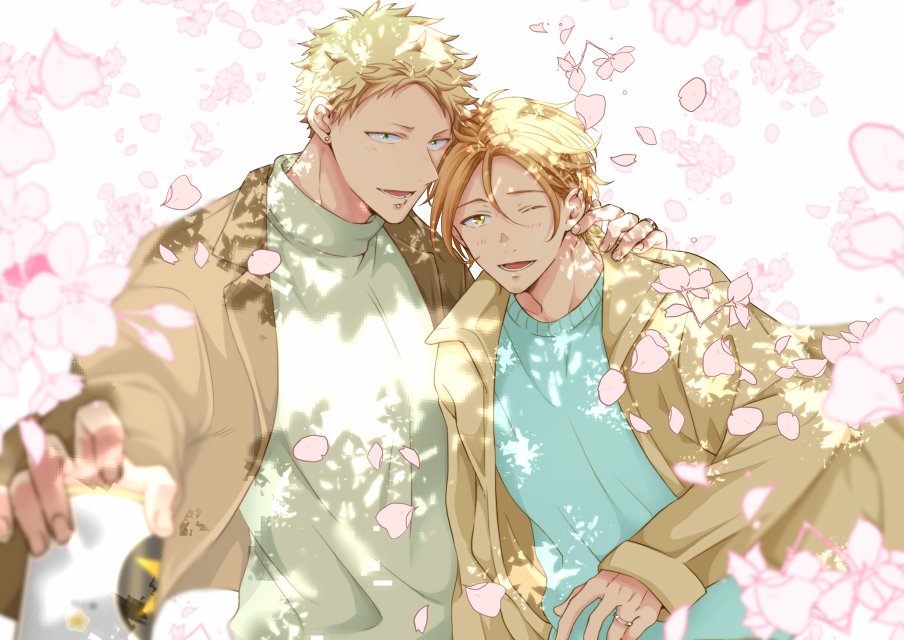 2boys, 961_masashi, beard, blonde_hair, blue_sweater, brown_coat, can, cherry_blossoms