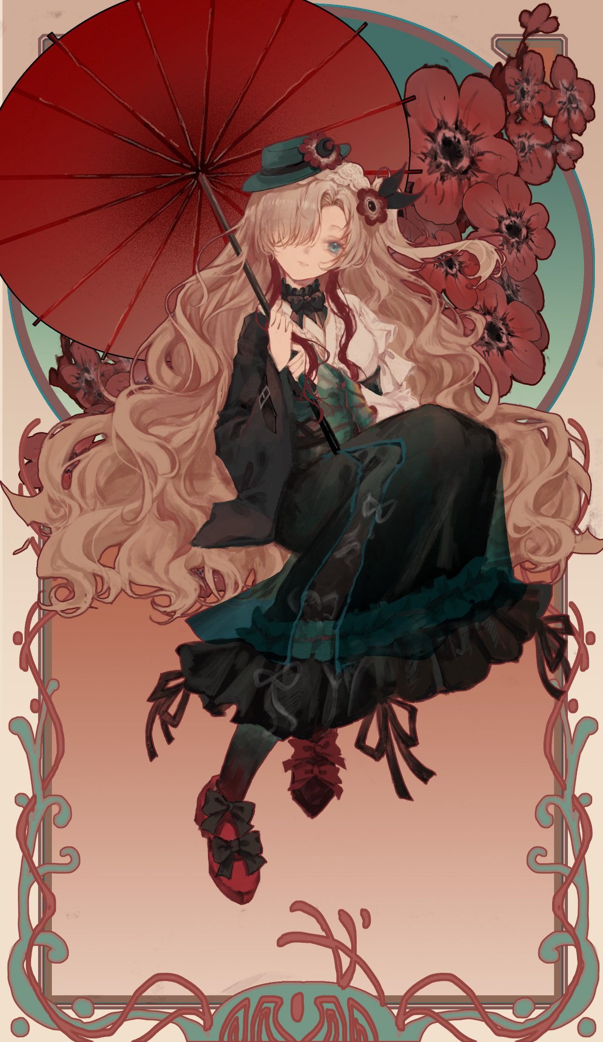 1girl, alternate_costume, art_nouveau, asymmetrical_footwear, asymmetrical_sleeves, black_bow, black_bowtie, black_kimono