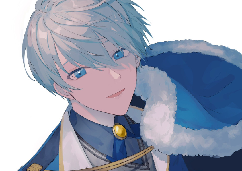 1boy, arthur_grandwell, blazer, blue_cape, blue_eyes, blue_jacket, blue_shirt, cape, fur-trimmed_cape, fur_trim, grey_hair, grey_sweater_vest, highres, jacket, looking_at_viewer, mahoutsukai_no_yakusoku, male_focus, multicolored_clothes, multicolored_jacket, open_mouth, piza-chan, shirt, short_hair, smile, solo, sweater_vest, white_background, white_jacket