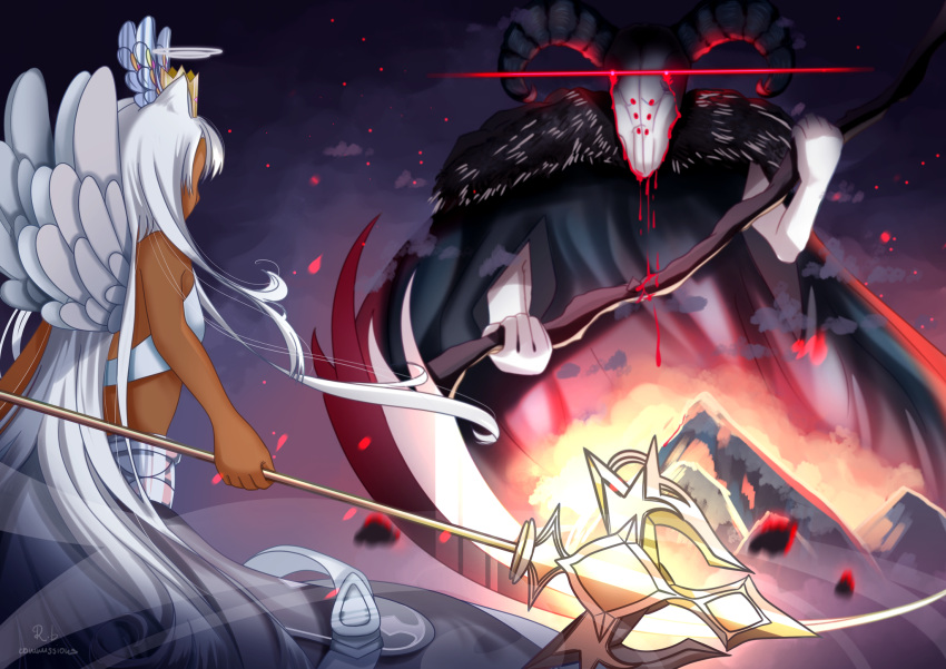 angel_wings, celestial, crown, dark_skin, demon, goddess, holding_weapon, lunabrie_yahweh