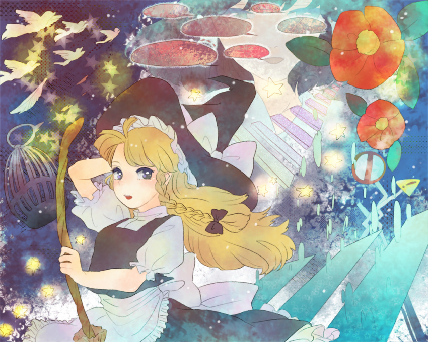 bird, blonde_hair, blue_eyes, braid, broom, flower, hakurei_reimu, hat