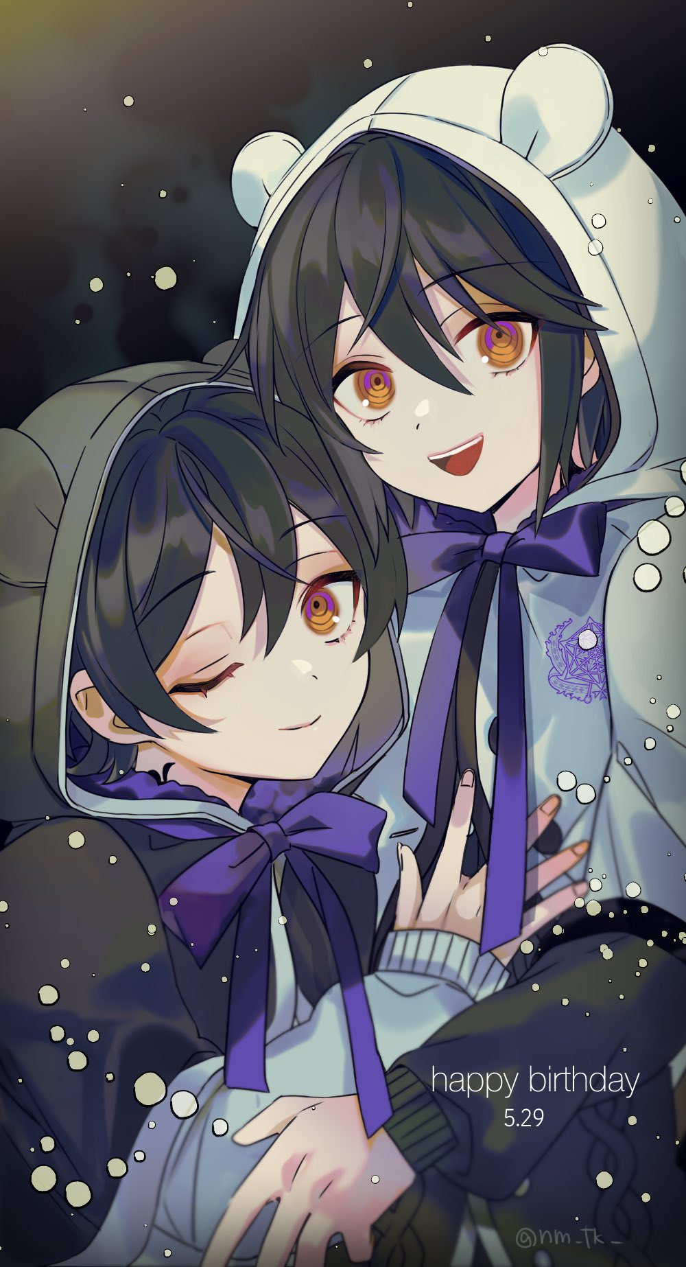 2boys, animal_hood, black_background, black_hair, brothers, closed_mouth, dated, happy_birthday