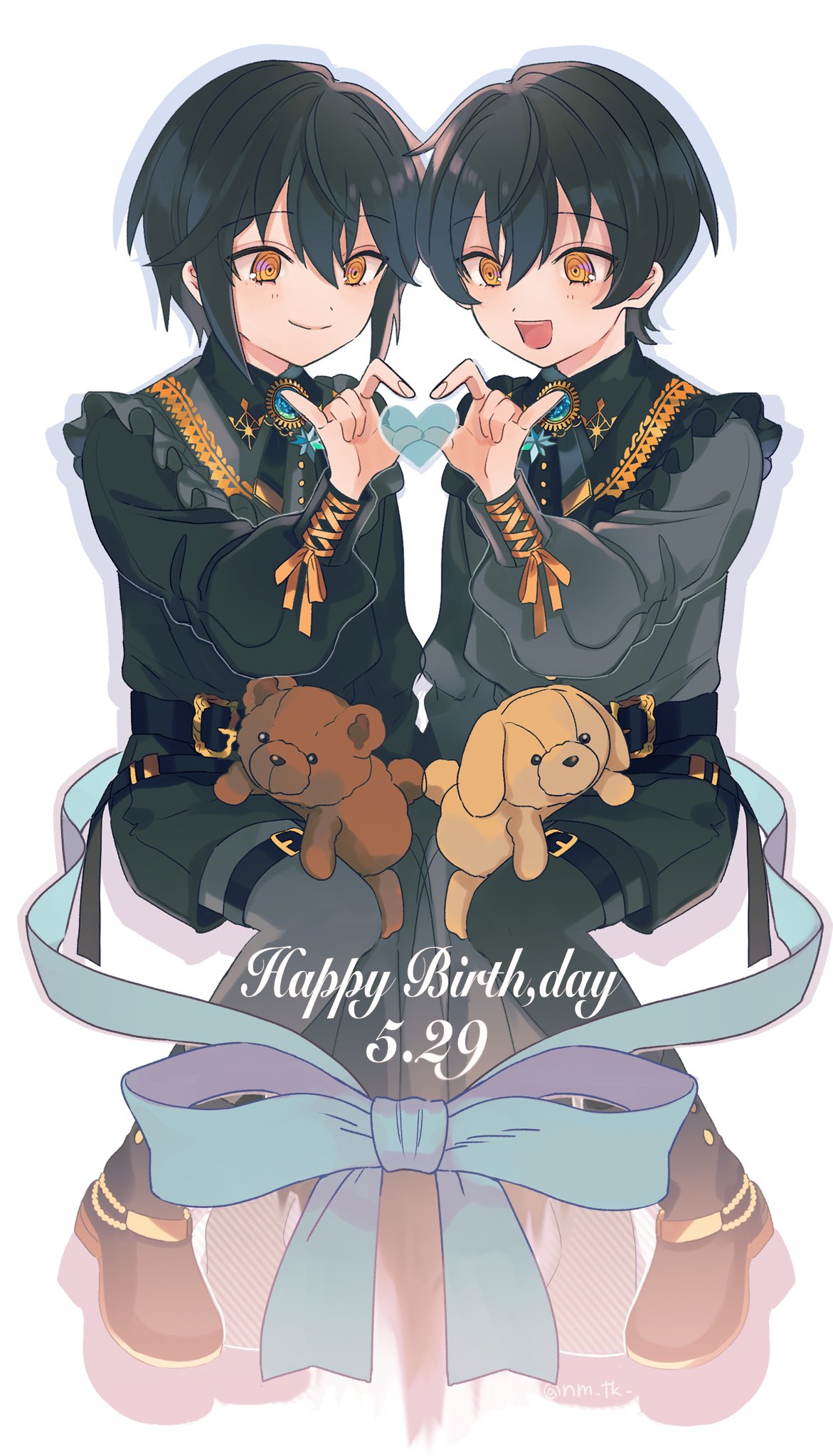 2boys, black_hair, black_pants, black_shirt, blush, bridal_garter, brothers, closed_mouth