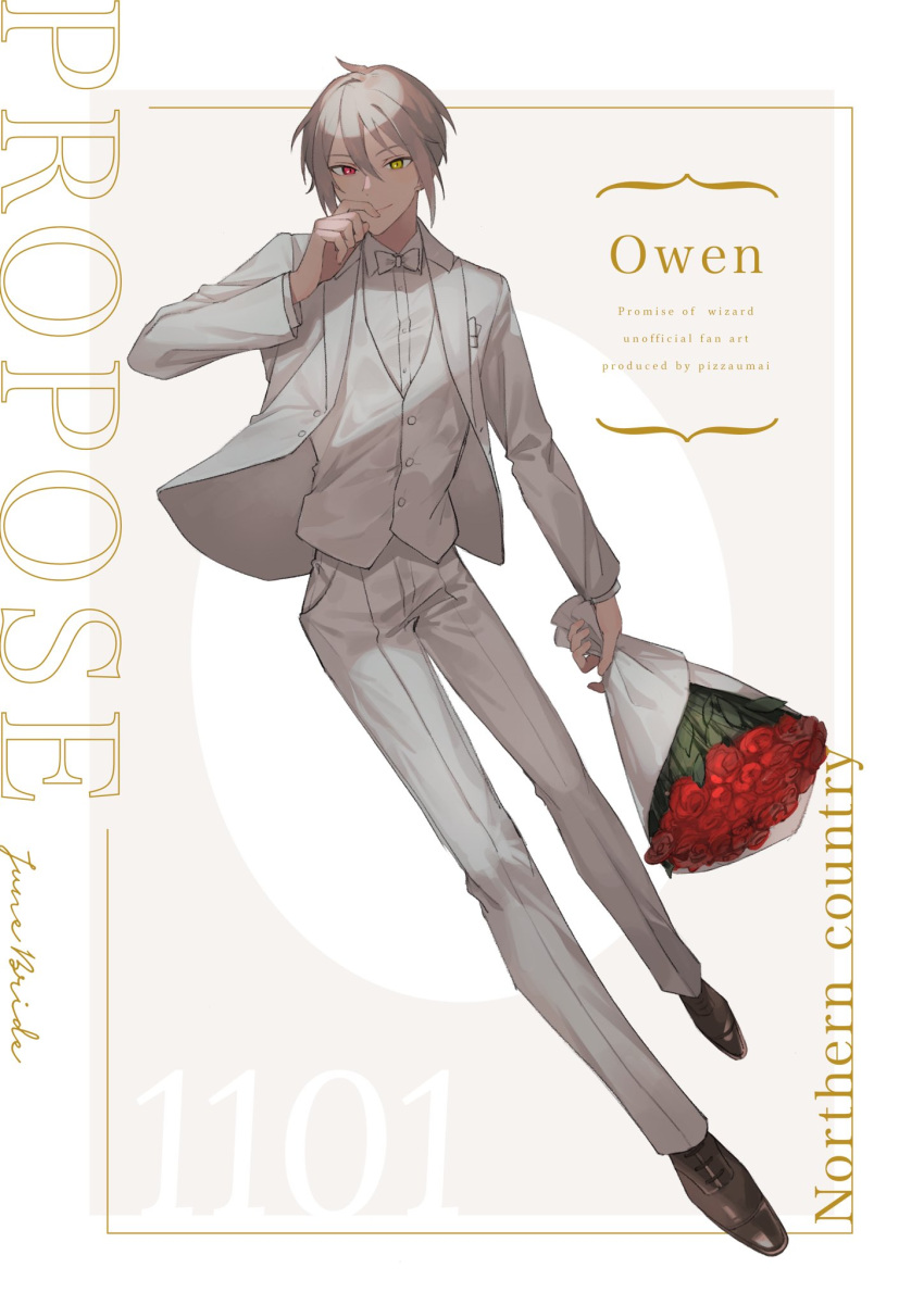 1boy, bouquet, bow, bowtie, character_name, copyright_name, flower, formal, heterochromia, highres, holding, holding_bouquet, jacket, looking_at_viewer, mahoutsukai_no_yakusoku, male_focus, owen_(mahoutsukai_no_yakusoku), pants, piza-chan, red_eyes, red_flower, red_rose, rose, shirt, solo, suit, vest, white_bow, white_bowtie, white_jacket, white_pants, white_shirt, white_suit, white_vest, yellow_eyes