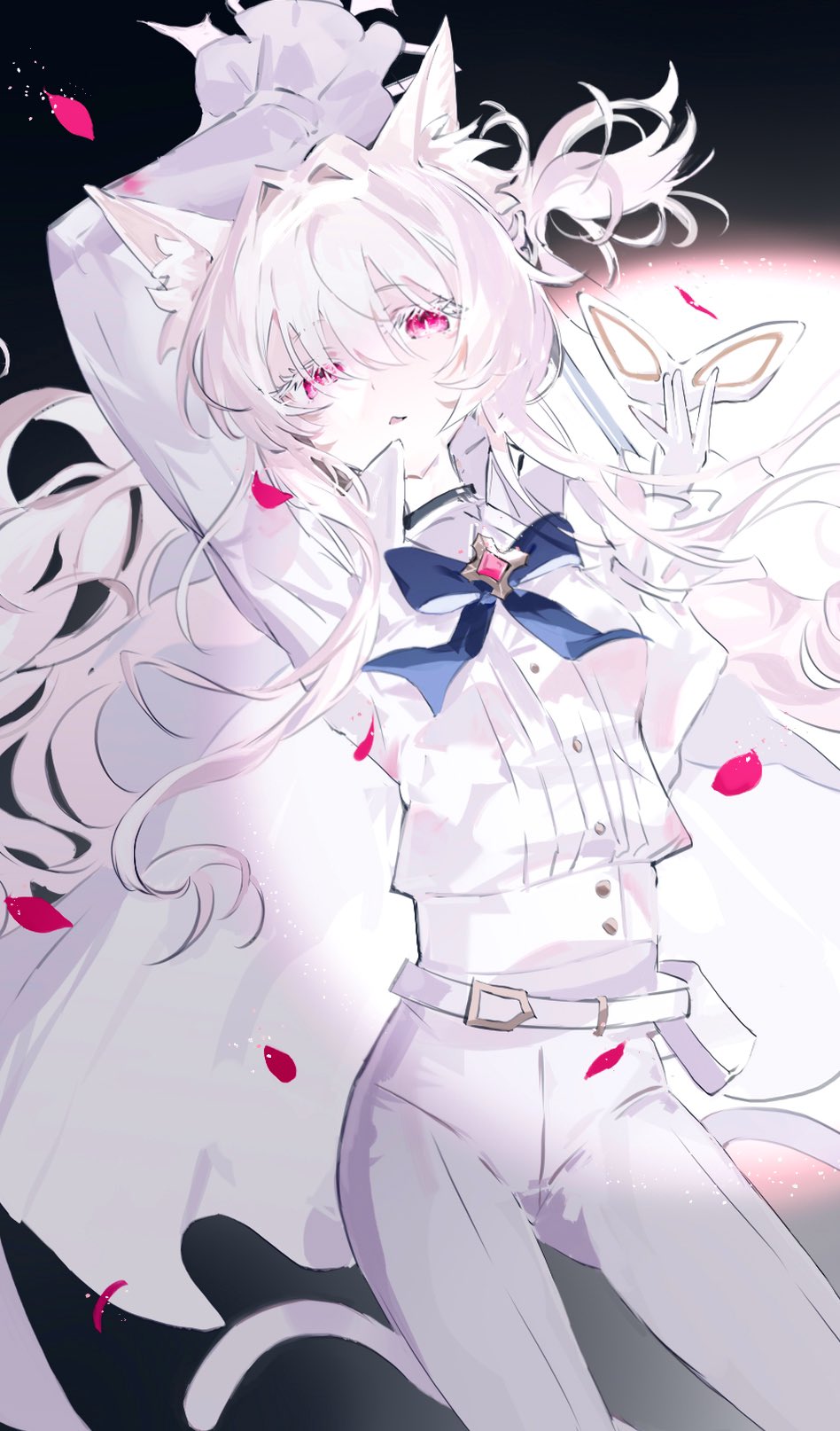 1girl, akira_(blue_archive), animal_ear_fluff, animal_ears, belt, belt_pouch, black_choker, blue_archive, cat_ears, cat_tail, choker, colored_eyelashes, commentary_request, eye_mask, highres, holding, holding_mask, late_02, long_hair, looking_at_viewer, mask, pants, petals, pouch, red_eyes, shirt, shirt_tucked_in, solo, tail, white_belt, white_hair, white_pants, white_shirt