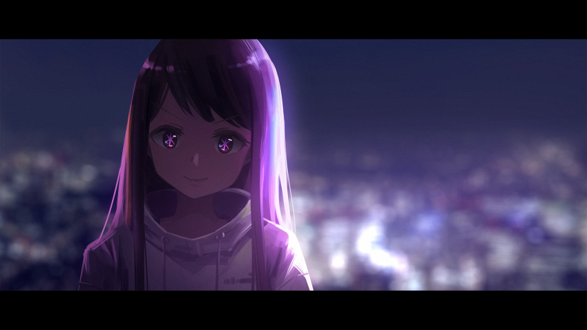 1girl, blurry, blurry_background, cityscape, closed_mouth, commentary, highres, hood