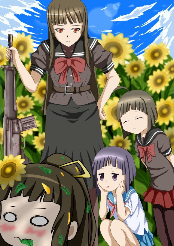 4girls, ahoge, arms_behind_back, bad_gun_anatomy, battle_rifle, belt, belt_buckle, bipod