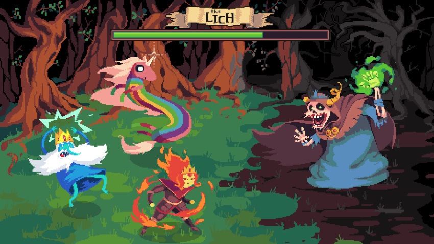 2boys, 2girls, absurdres, adventure_time, beard, black_robe, blue_skin, broken_horn, brown_cape, cape, character_name, colored_skin, crown, elemental_(creature), facial_hair, fiery_hair, fire, flame_princess, forehead_jewel, green_eyes, green_fire, health_bar, highres, hood, hood_up, hooded_cape, horns, ice_king, ignacio_polo, lady_rainicorn, lich_(adventure_time), long_hair, long_nose, magic, multiple_boys, multiple_girls, no_eyebrows, open_mouth, orange_skin, pink_skin, pixel_art, rainbow, redhead, robe, single_horn, skull, unicorn, yellow_skin