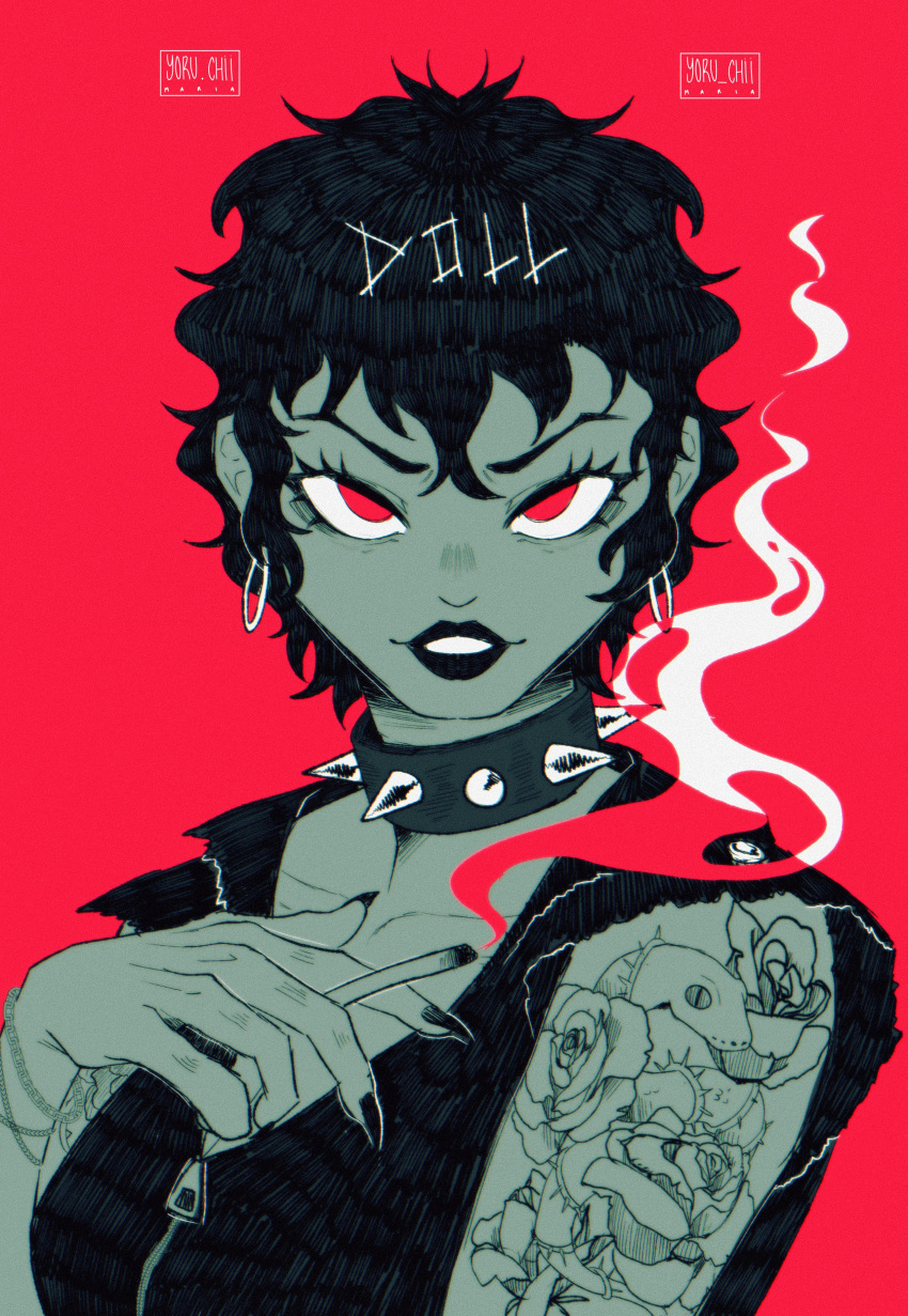 1girl, absurdres, arm_tattoo, artist_name, black_hair, black_lips, character_name, cigarette