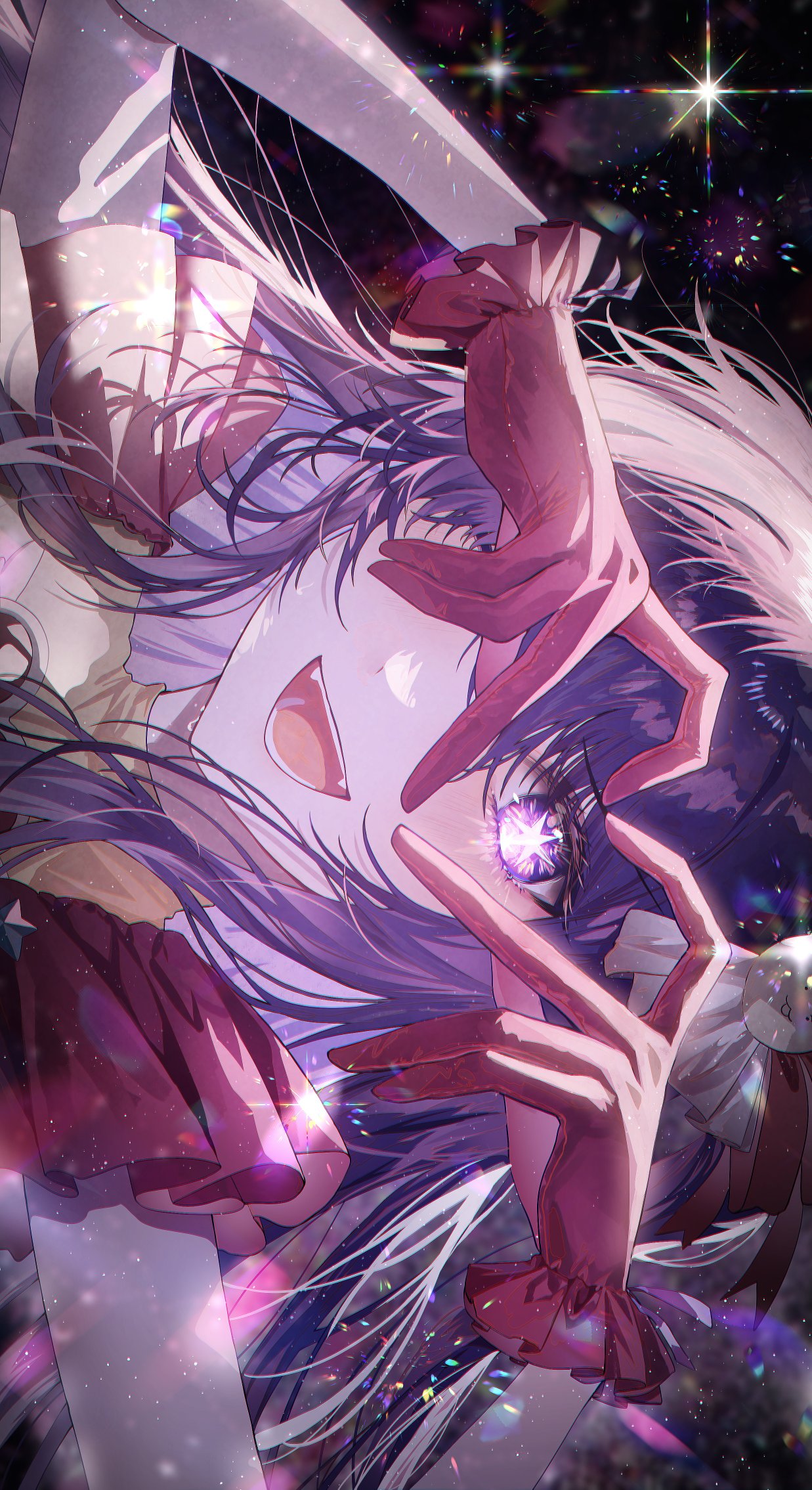 1girl, chromatic_aberration, commentary_request, dress, frilled_dress, frilled_gloves, frills, gloves
