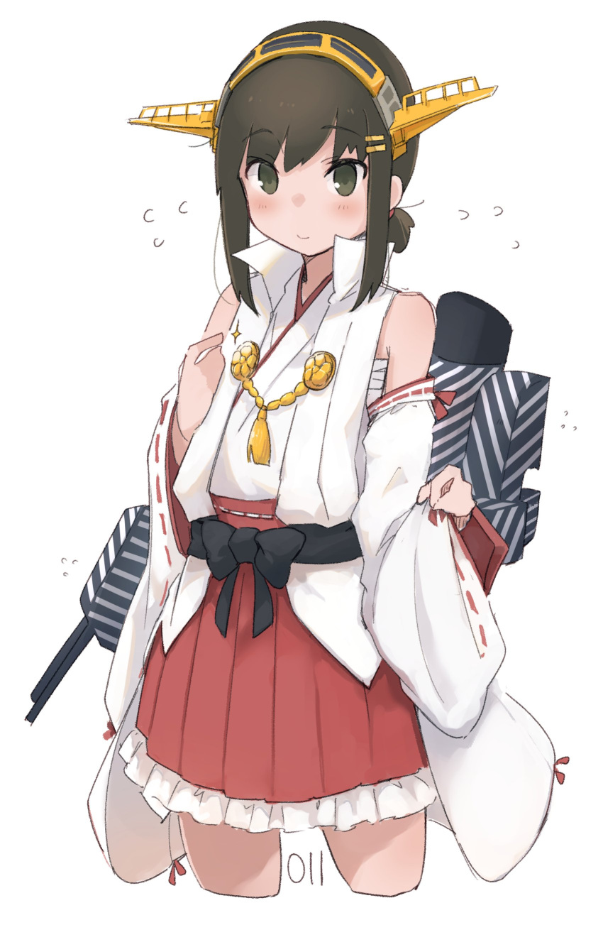 1girl, absurdres, bare_shoulders, black_hair, cosplay, cowboy_shot, cropped_legs, dazzle_paint, detached_sleeves, flying_sweatdrops, fubuki_(kancolle), green_eyes, haruna_(kancolle), haruna_(kancolle)_(cosplay), highres, japanese_clothes, kantai_collection, ma_rukan, nontraditional_miko, pleated_skirt, red_skirt, ribbon-trimmed_sleeves, ribbon_trim, short_hair, short_ponytail, signature, simple_background, skirt, solo, white_background, white_sleeves, wide_sleeves