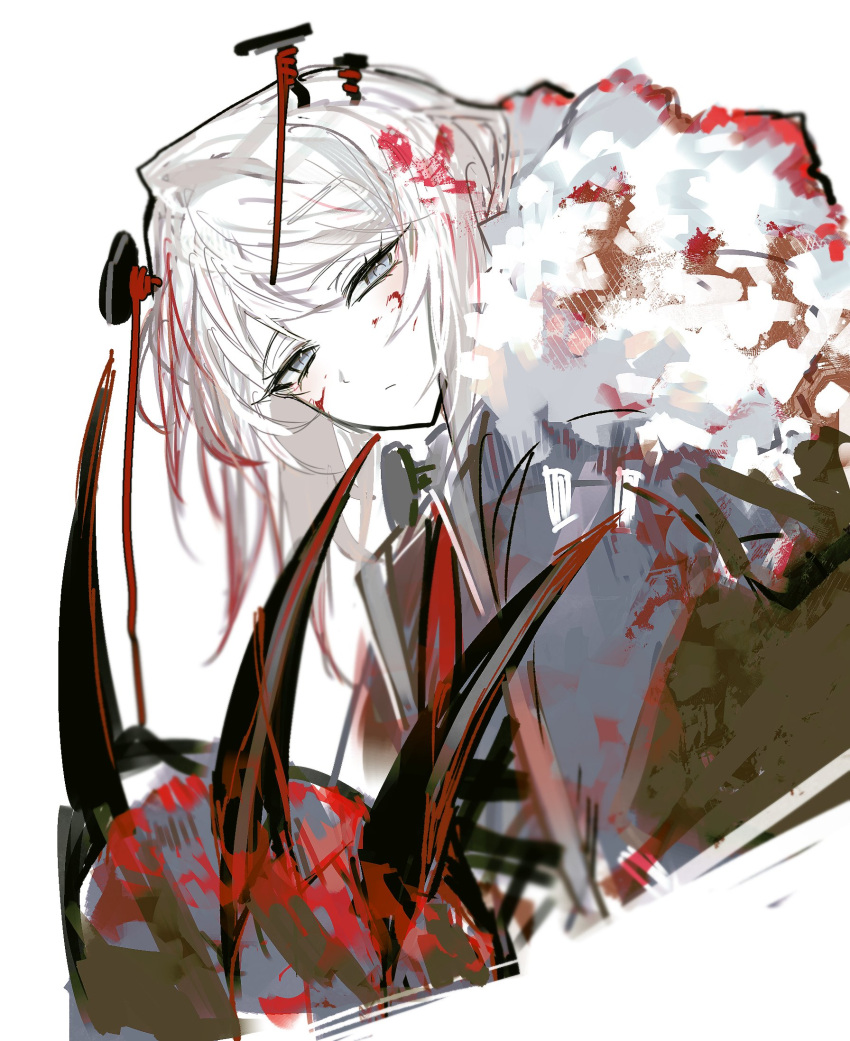 1girl, bear_claws, blood, blood_in_hair, blood_on_clothes, blood_on_face, blue_eyes, claws