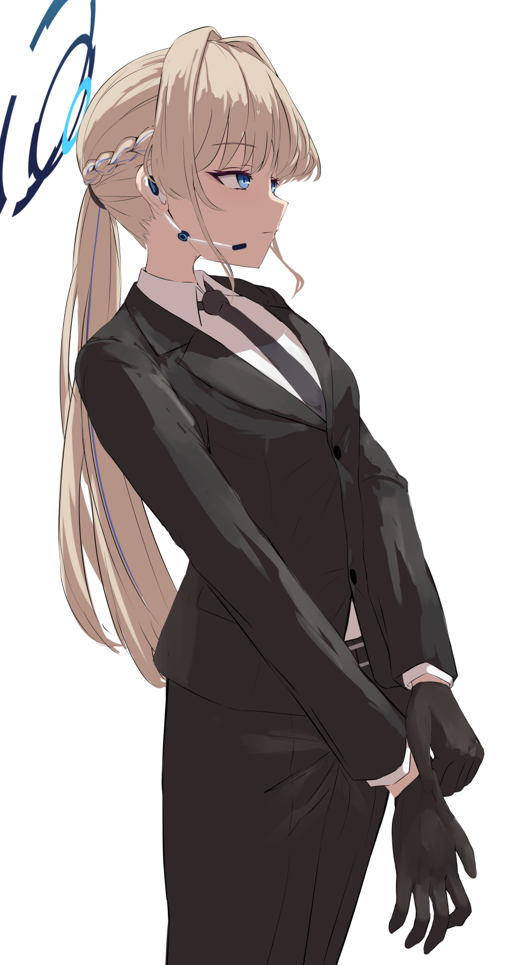 1girl, alternate_costume, alternate_hairstyle, black_gloves, black_necktie, black_suit, blonde_hair, blue_archive