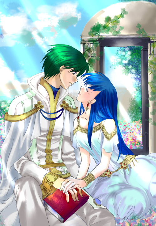 1boy, 1girl, blue_hair, book, closed_eyes, commentary_request, dress, elice_(fire_emblem)