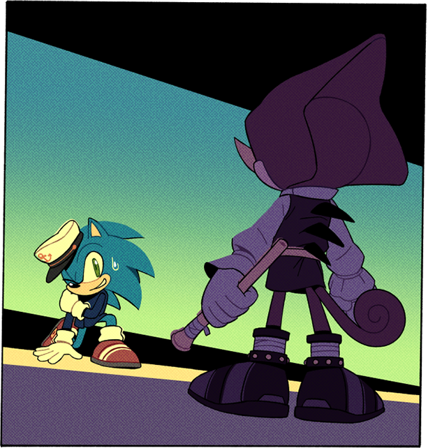 2boys, anchor_symbol, animal_nose, arm_support, arms_at_sides, blowpipe, blue_fur, blue_hair, blue_jacket, body_fur, bottomless, clenched_teeth, collared_shirt, colored_skin, digimin, dutch_angle, from_behind, full_body, furry, furry_male, gloves, green_eyes, hand_up, hat, holding, holding_own_arm, holding_weapon, horns, jacket, lizard_tail, long_hair, long_sleeves, looking_at_another, male_focus, multiple_boys, non-web_source, official_art, on_one_knee, one_eye_closed, peaked_cap, purple_footwear, purple_skin, purple_tunic, red_footwear, reptile_boy, shirt, shoes, sideways_mouth, single_horn, socks, sonic_(series), sonic_the_hedgehog, spiky_hair, spoilers, standing, tail, teeth, the_murder_of_sonic_the_hedgehog, transparent_border, tunic, weapon, white_gloves, white_headwear, white_shirt, white_socks, wince
