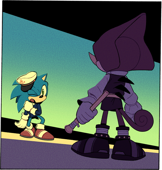 2boys, anchor_symbol, animal_nose, arm_at_side, arms_at_sides, blowpipe, blue_fur, blue_hair, blue_jacket, body_fur, bottomless, collared_shirt, colored_skin, digimin, dutch_angle, from_behind, full_body, furry, furry_male, gloves, green_eyes, hand_up, hat, holding, holding_own_arm, holding_weapon, horns, jacket, lizard_tail, long_hair, long_sleeves, looking_at_another, male_focus, multiple_boys, non-web_source, official_art, one_eye_closed, open_mouth, peaked_cap, purple_footwear, purple_skin, purple_tunic, red_footwear, reptile_boy, shirt, shoes, sideways_mouth, single_horn, socks, sonic_(series), sonic_the_hedgehog, spiky_hair, spoilers, standing, tail, the_murder_of_sonic_the_hedgehog, transparent_border, tunic, weapon, white_gloves, white_headwear, white_shirt, white_socks, wince