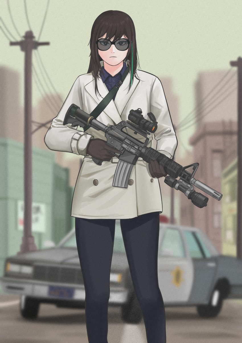 1girl, assault_rifle, black_gloves, black_hair, black_pants, blurry, blurry_background, brown_gloves