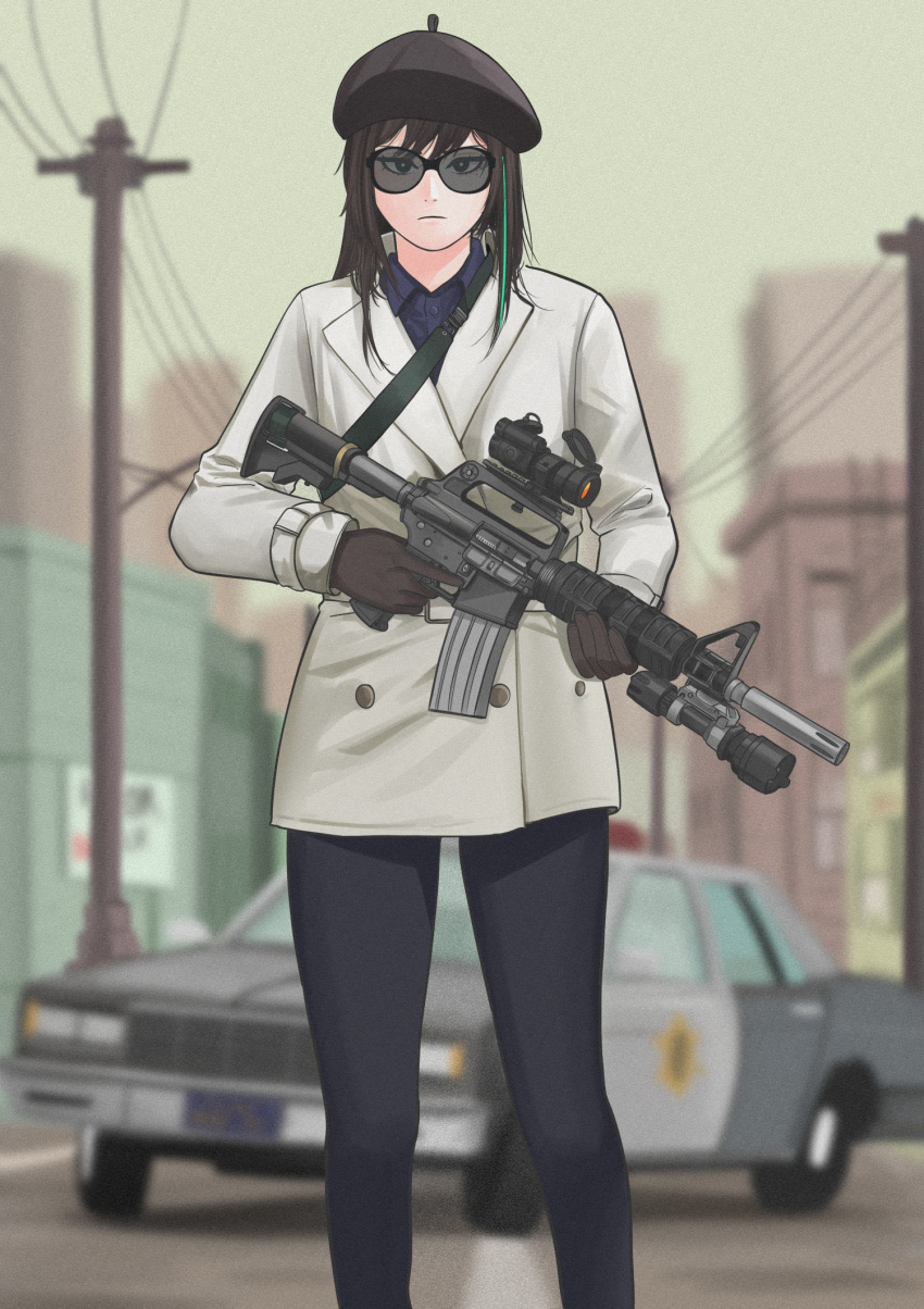1girl, assault_rifle, black_gloves, black_hair, black_headwear, black_pants, blurry, blurry_background, brown_gloves, building, car, car-15, chevrolet_caprice, cityscape, commentary, english_commentary, girls_frontline, gloves, green_hair, ground_vehicle, gun, hat, highres, holding, holding_gun, holding_weapon, jacket, long_hair, long_sleeves, m4a1_(girls'_frontline), motor_vehicle, multicolored_hair, outdoors, pants, parabellum, police_car, revision, rifle, scope, solo, standing, streaked_hair, sunglasses, utility_pole, weapon, white_jacket