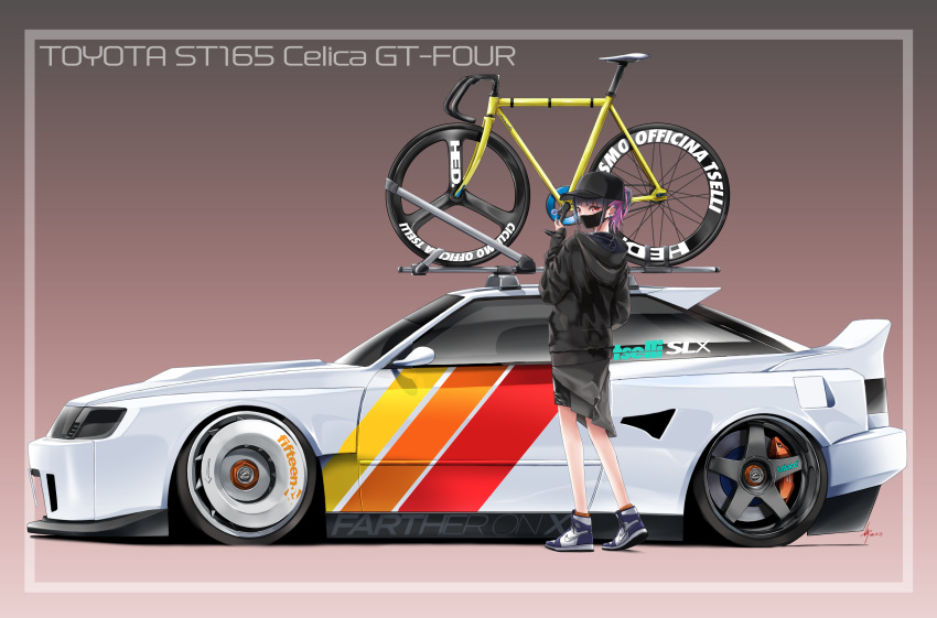 1girl, absurdres, air_jordan, air_jordan_1, bicycle, black_hoodie, black_skirt, brown_eyes, candy, car, commentary, ear_piercing, english_commentary, food, gradient_background, ground_vehicle, highres, holding, holding_candy, holding_food, holding_lollipop, hood, hoodie, lollipop, looking_at_viewer, looking_back, mask, motor_vehicle, mouth_mask, nike, original, piercing, ponytail, purple_hair, revision, shoes, silenxe, skirt, sneakers, sports_car, streetwear, toyota, toyota_celica, toyota_celica_t160, vehicle_focus