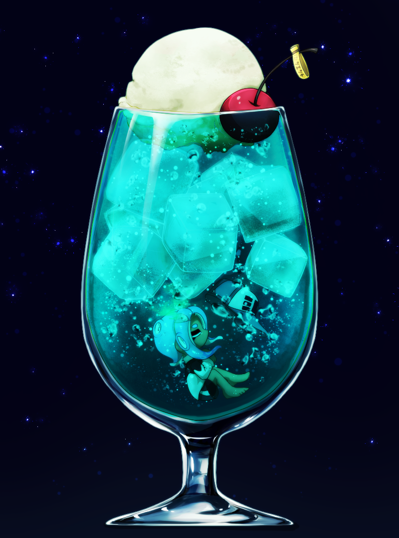 1girl, air_bubble, black_shorts, blue_hair, bubble, cherry, closed_eyes, cocktail, drink, food, fruit, glass, hat, ice, ice_cream, ice_cube, inkling_(language), jacket, night, night_sky, octoling, octoling_girl, sazeka_(pixiv354189), shorts, sky, solo, splatoon_(series), star_(sky), submerged, tentacle_hair, track_jacket