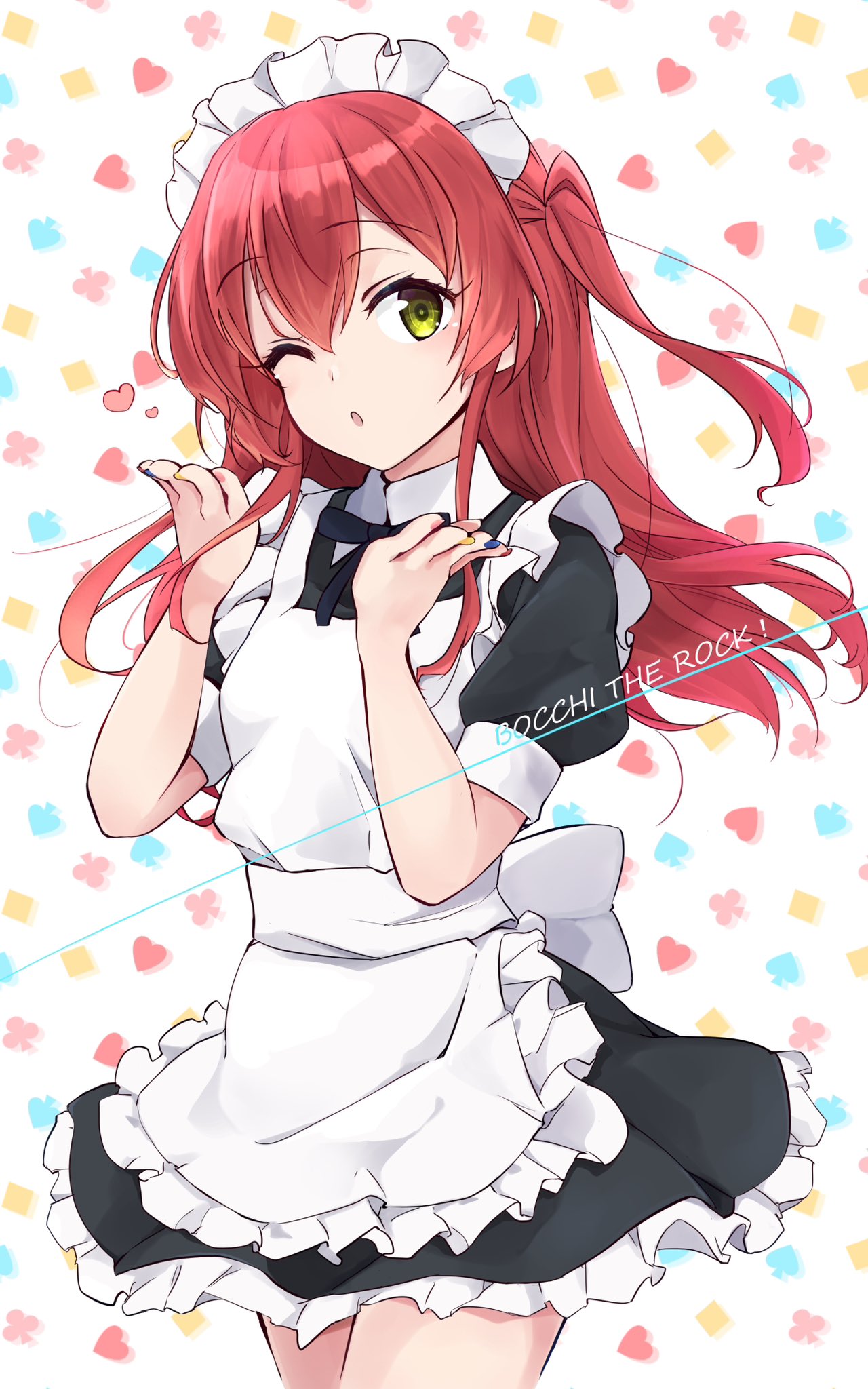 1girl, alternate_costume, apron, black_dress, blowing_kiss, bocchi_the_rock!, cowboy_shot, dress