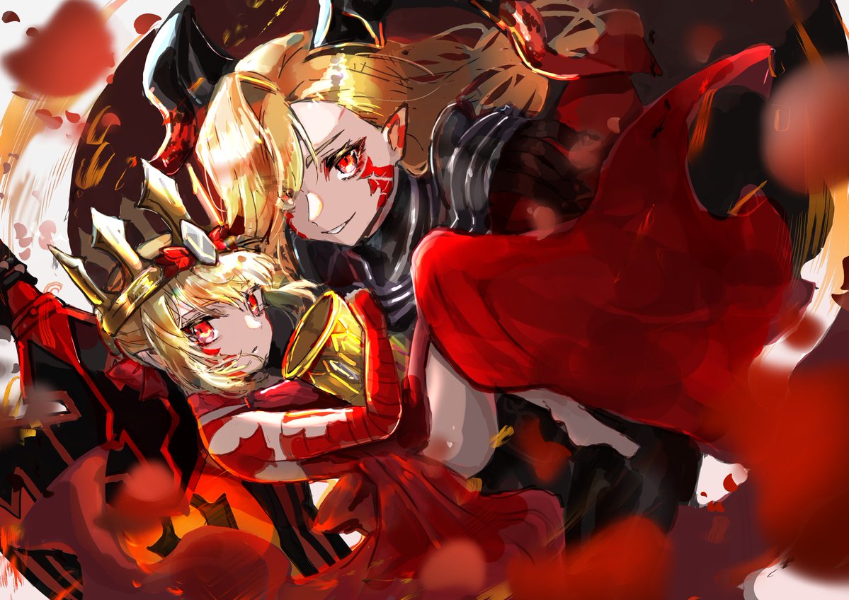 2girls, artist_request, black_horns, blonde_hair, chalice, child, crown, fate/grand_order
