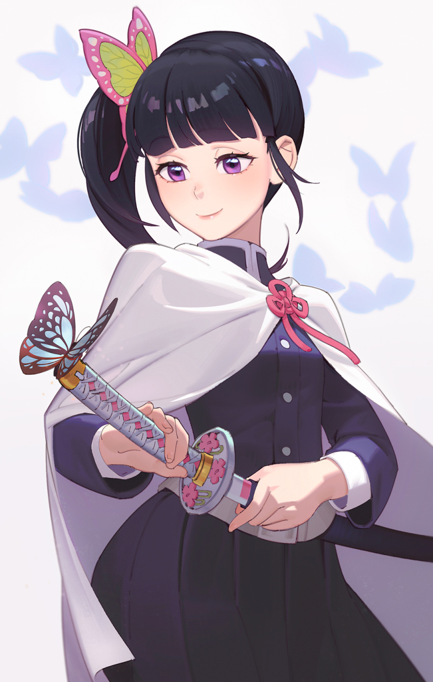 1girl, belt, black_hair, blunt_bangs, bug, butterfly, butterfly_hair_ornament, cape