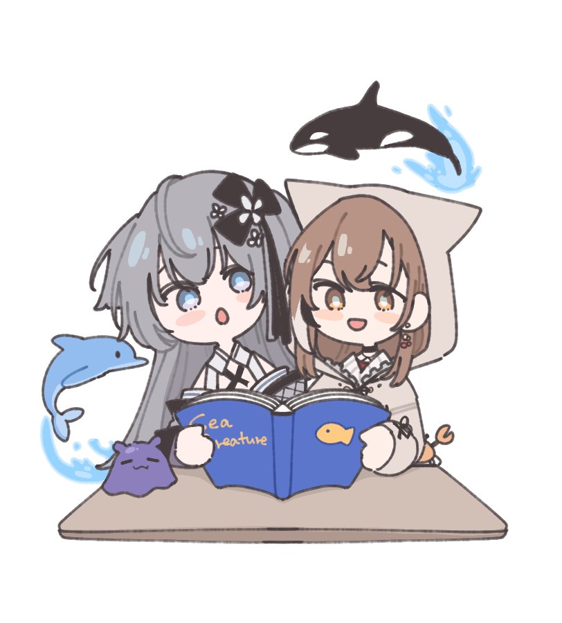 2girls, :d, :o, ahoge, animal_hood, berry, black_choker, blue_eyes