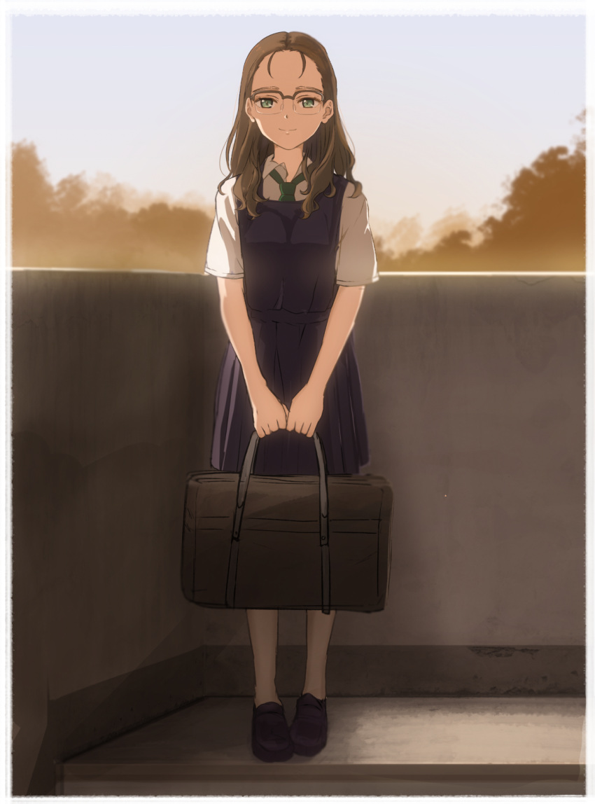 1girl, bag, black_dress, brown_hair, commentary, dress, english_commentary, full_body, glasses, green_eyes, green_necktie, highres, holding, holding_bag, housou-kun, nagase_koito, necktie, over-rim_eyewear, school_bag, school_uniform, semi-rimless_eyewear, smile, solo, wonder_egg_priority