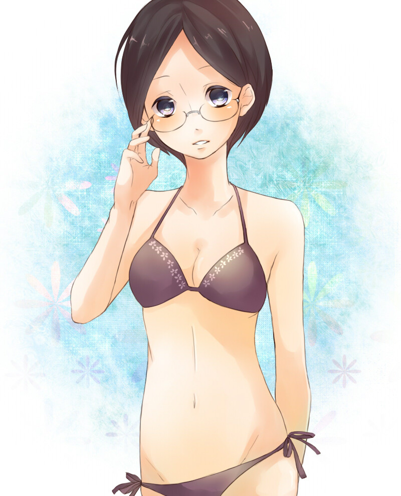 bikini, black_eyes, black_hair, glasses, gogoma_(yth), short_hair, swimsuit