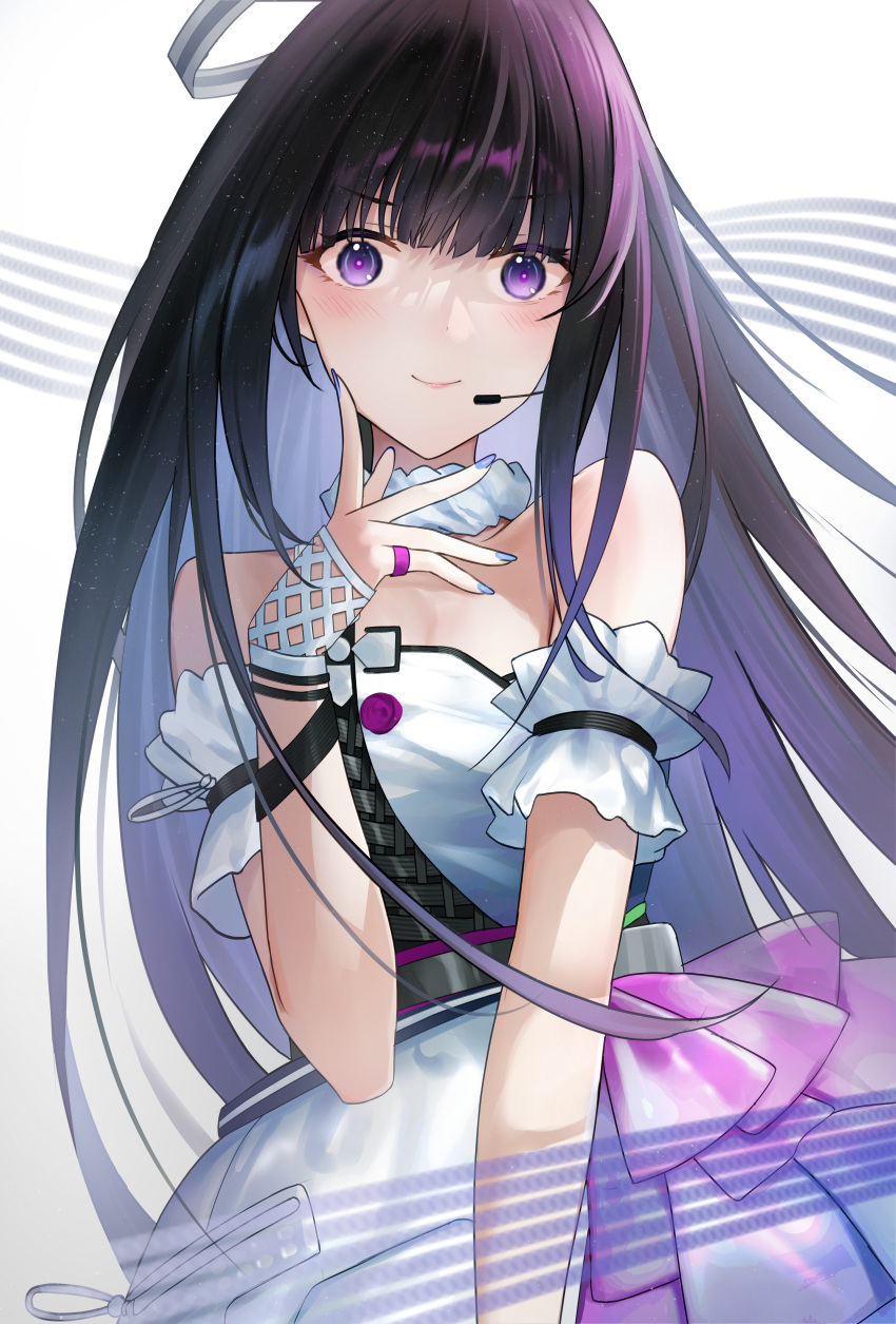 absurdres, bare_shoulders, black_hair, closed_mouth, dress, for-miku, girls'_frontline_neural_cloud, halo, highres, jewelry, long_hair, microphone, nanaka_(girls'_frontline_nc), ring, very_long_hair, violet_eyes, white_dress