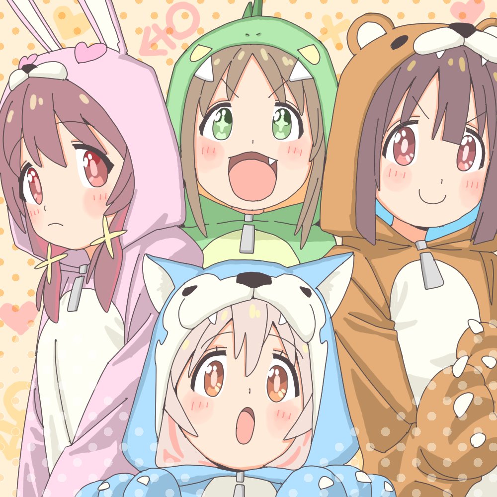 >:), 4girls, :d, :o, animal_costume, animal_hood, bear_costume, bear_hood
