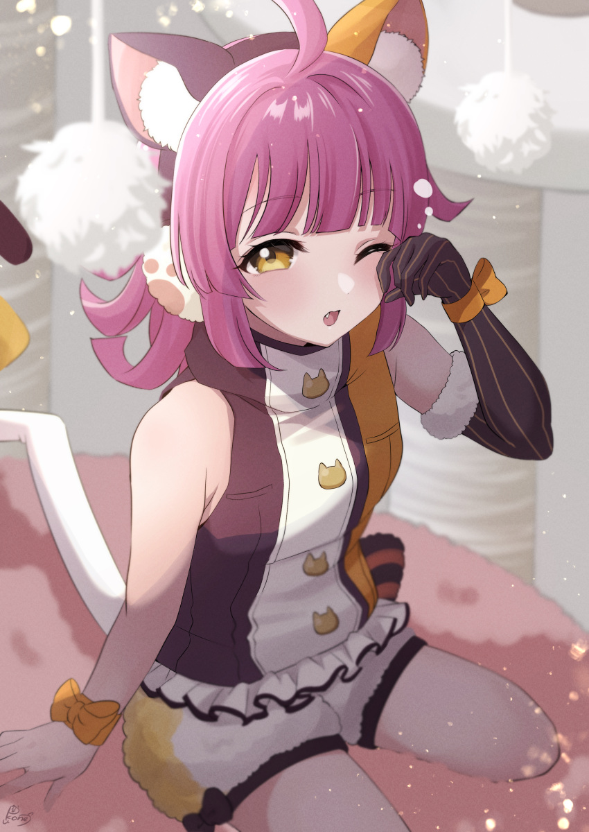 1girl, absurdres, ahoge, animal_ear_fluff, animal_ears, black_gloves, blunt_bangs, blunt_ends