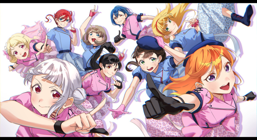 6+girls, absurdres, animal_print, arashi_chisato, beret, black_gloves, black_hair, blonde_hair