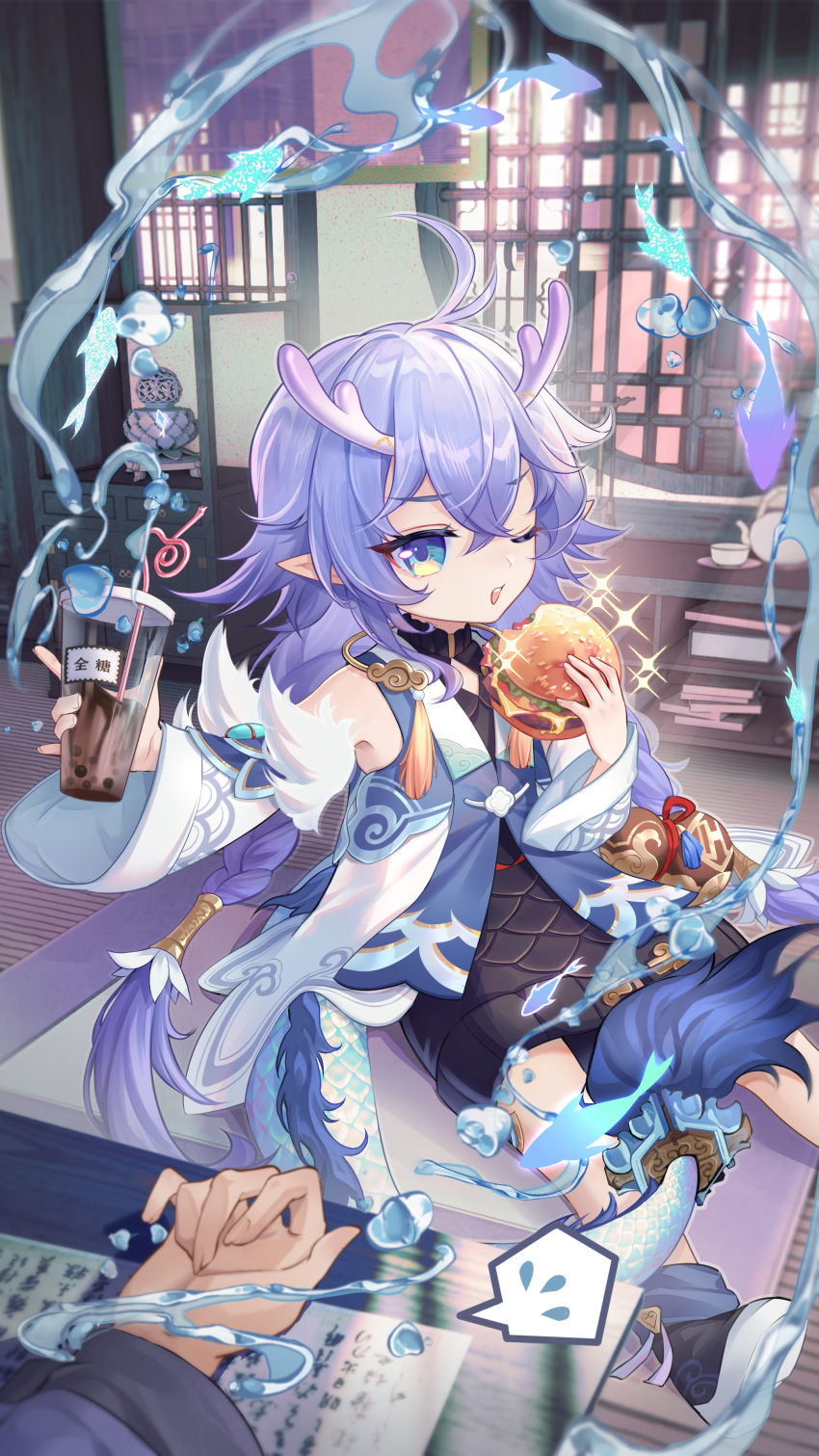 1girl, absurdres, antenna_hair, architecture, bailu_(honkai:_star_rail), blue_eyes, braid, burger, chinese_commentary, commentary_request, crossed_bangs, cup, detached_sleeves, disposable_cup, dragon_girl, dragon_horns, dragon_tail, drawer, drinking_straw, east_asian_architecture, fish, flying_sweatdrops, food, foot_out_of_frame, from_above, fur-tipped_tail, fur-trimmed_sleeves, fur_trim, hair_tubes, hechenren, highres, holding, holding_cup, holding_food, honkai:_star_rail, honkai_(series), horns, hydrokinesis, indoors, long_hair, looking_at_viewer, on_floor, one_eye_closed, open_mouth, out_of_frame, outstretched_arm, paper, pointy_ears, purple_hair, saucer, shoes, sitting, solo_focus, sparkle, spoken_flying_sweatdrops, tail, tail_ornament, tassel, teacup, teapot, twin_braids, water, wide_sleeves, window