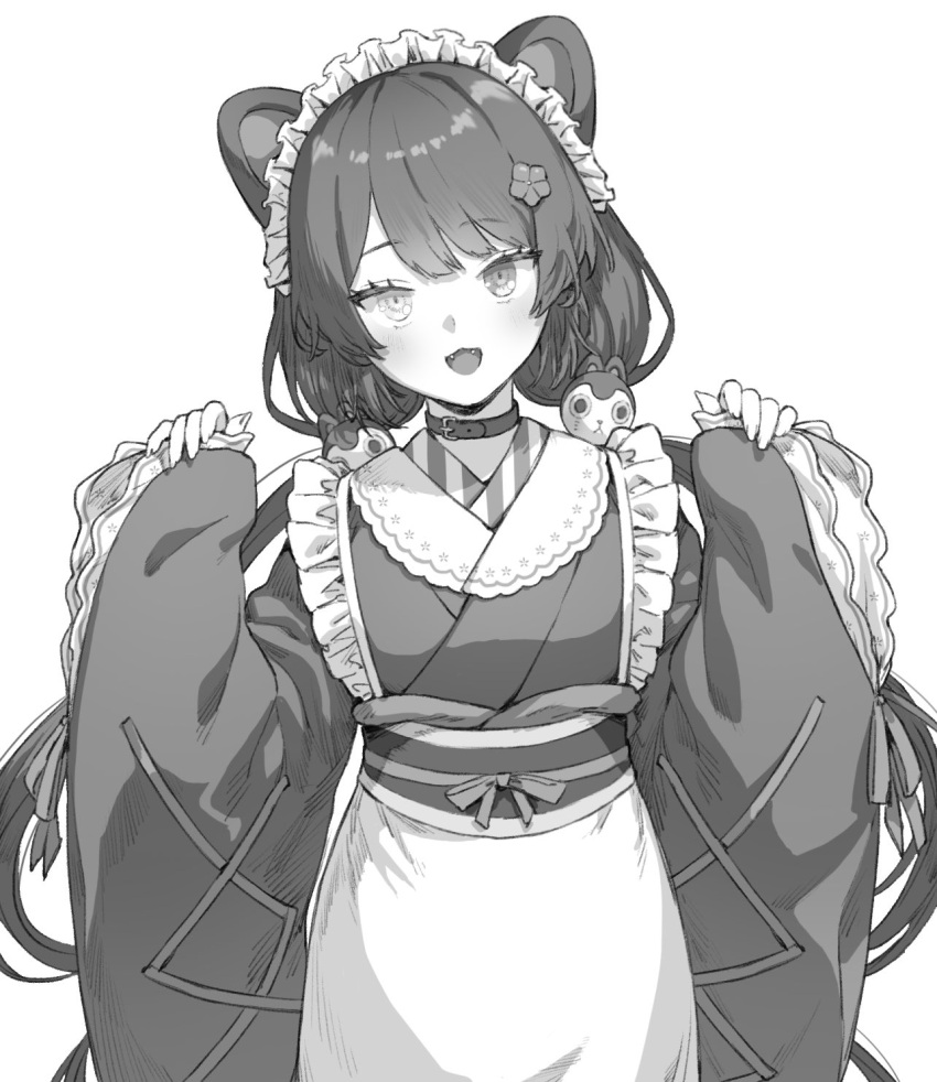 1girl, animal_ears, collar, dog_ears, fangs, flower, greyscale, hair_flower
