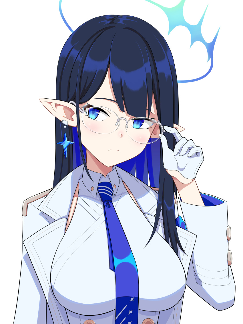 1girl, absurdres, adjusting_eyewear, black_hair, blue_archive, blue_eyes, blue_necktie, blunt_bangs
