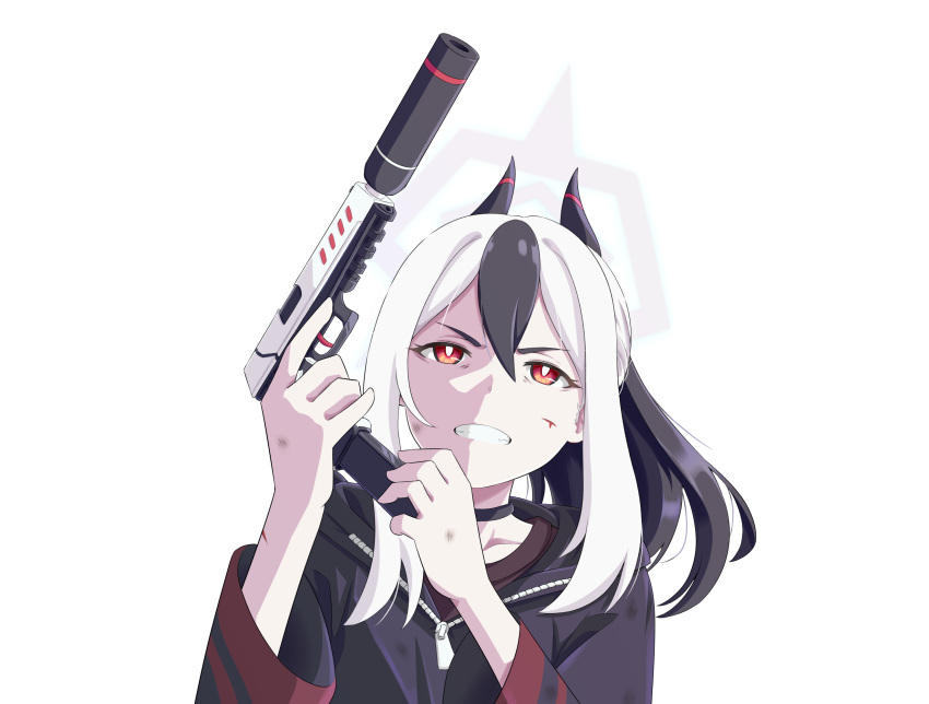1girl, black_choker, black_hair, blood, blood_on_face, blue_archive, bruise, bruise_on_face, choker, clenched_teeth, collarbone, commentary, english_commentary, gun, h&amp;k_p30, hair_between_eyes, halo, highres, holding, holding_gun, holding_weapon, hood, hooded_sweater, injury, john_wick, kayoko_(blue_archive), long_hair, long_sleeves, looking_away, looking_up, multicolored_hair, parody, ponytail, red_eyes, reloading, scene_reference, shudwho, sidelocks, simple_background, solo, sweater, teeth, transparent_background, two-tone_hair, weapon, white_hair, zipper
