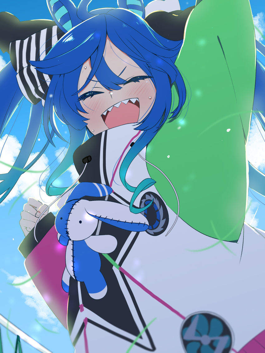 1girl, :d, absurdres, ahoge, animal_ears, aqua_hair, arm_up, black_ribbon