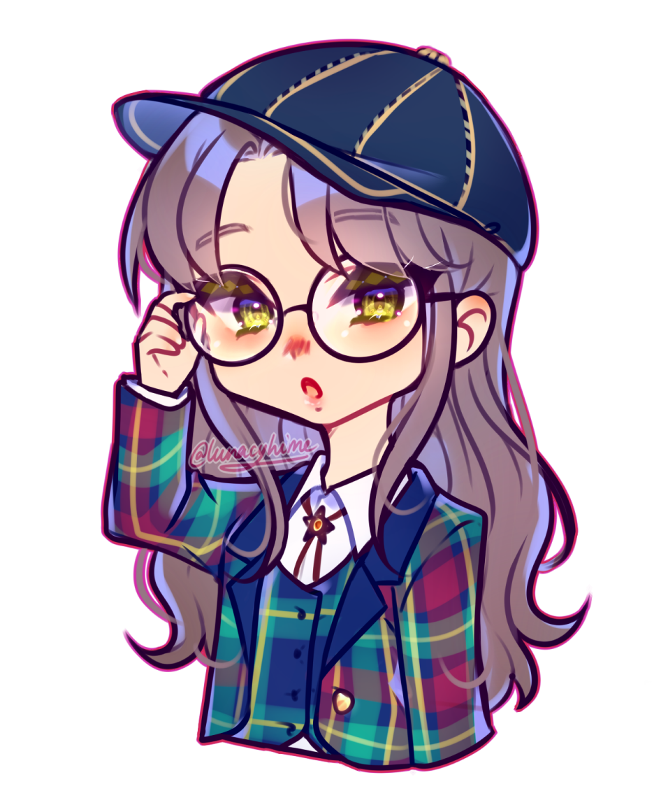 1girl, :o, animification, artist_name, black_headwear, blazer, blue_vest, brown_hair, collared_shirt, english_commentary, glasses, green_jacket, hair_behind_ear, hand_on_eyewear, hat, jacket, k-pop, lunacyhilly, neck_ribbon, open_mouth, painttool_sai_(medium), parted_bangs, plaid, plaid_jacket, plaid_vest, real_life, red_ribbon, ribbon, round_eyewear, shirt, star_(symbol), upper_body, vest, white_background, white_shirt, wjsn, yeoreum_(wjsn)