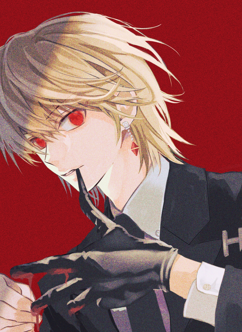 1boy, absurdres, biting, black_gloves, blonde_hair, collared_shirt, earrings, formal